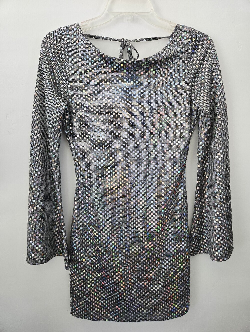 Thirty Thirty LA Silver Holographic Sequin Backless Bell Sleeve Mini Dress. Size
